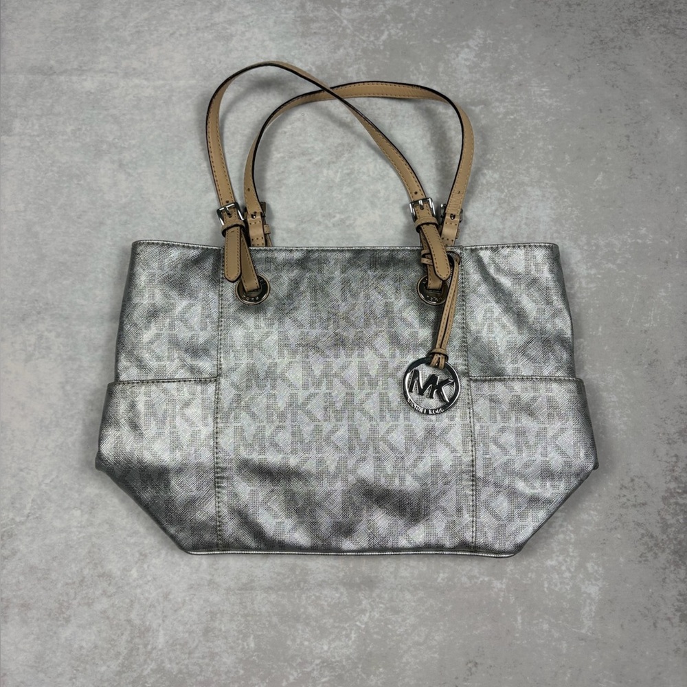 Michael Kors Metallic Silver Signature MK Monogram Large Tote Bag Tan Leather